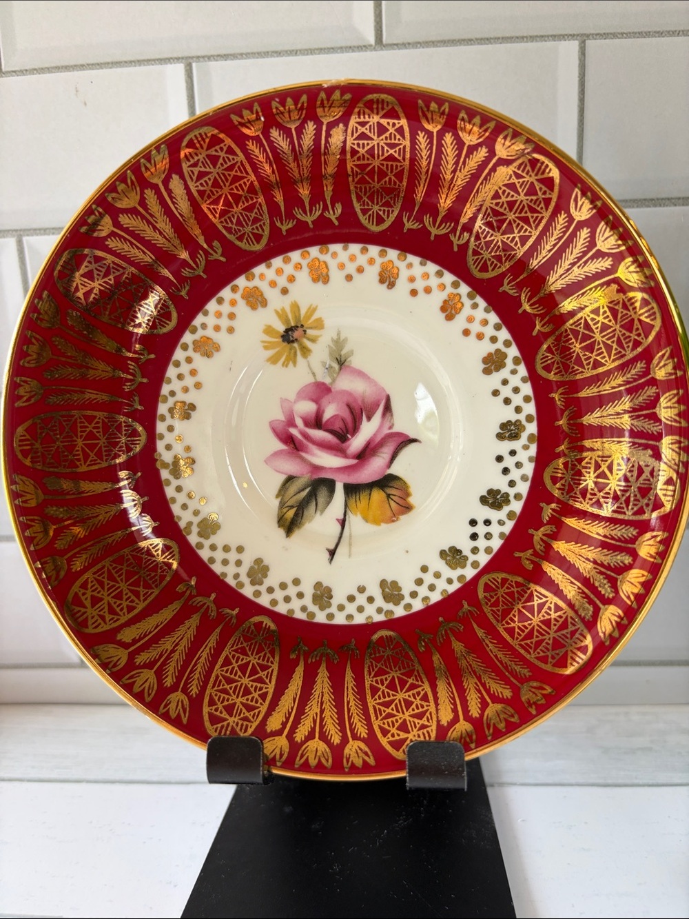Stafford Red and Pink Floral Gold-Accent 
Saucer